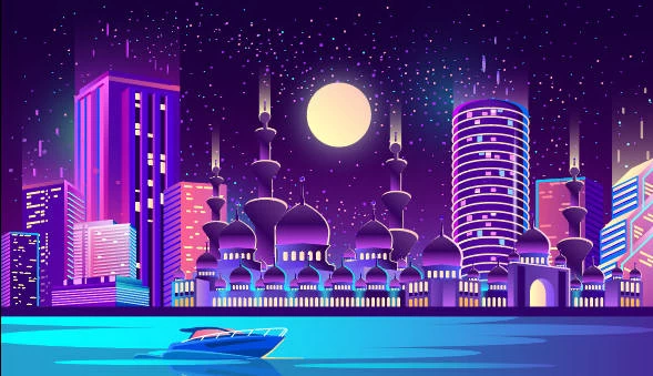 未来科技科幻霓虹灯渐变绚丽城市建筑夜景灯光插画AI/PSD设计素材100套【084】
